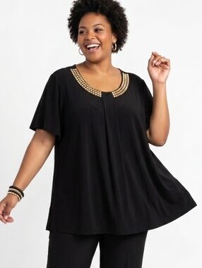 Fashion Bug Plus Size Black Tunic with Gold Embellished Neckline